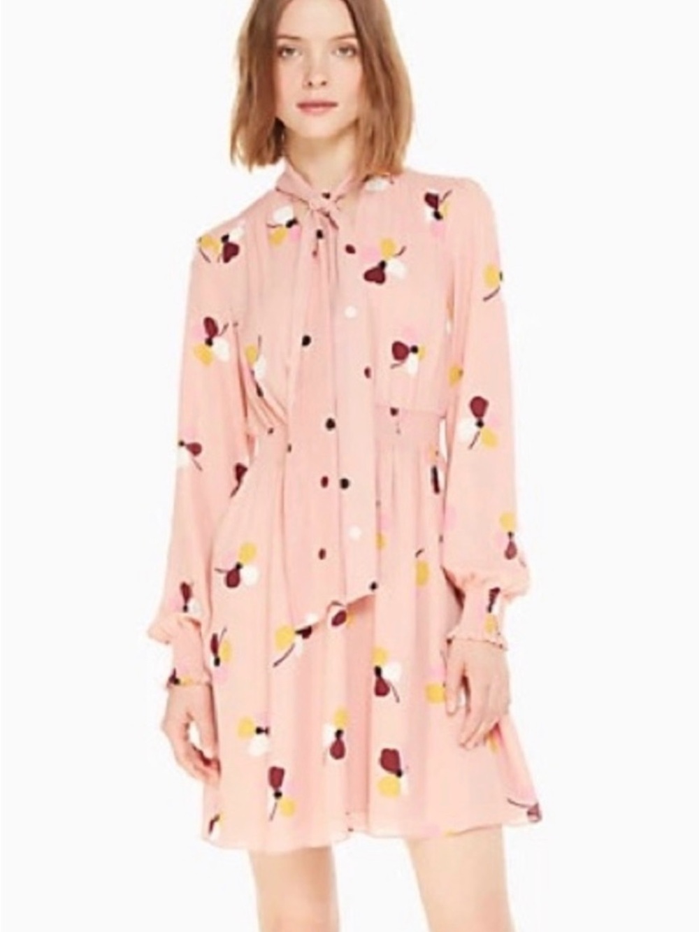 kate spade Pink Tie-Neck Long Sleeve Floral-Print Dress